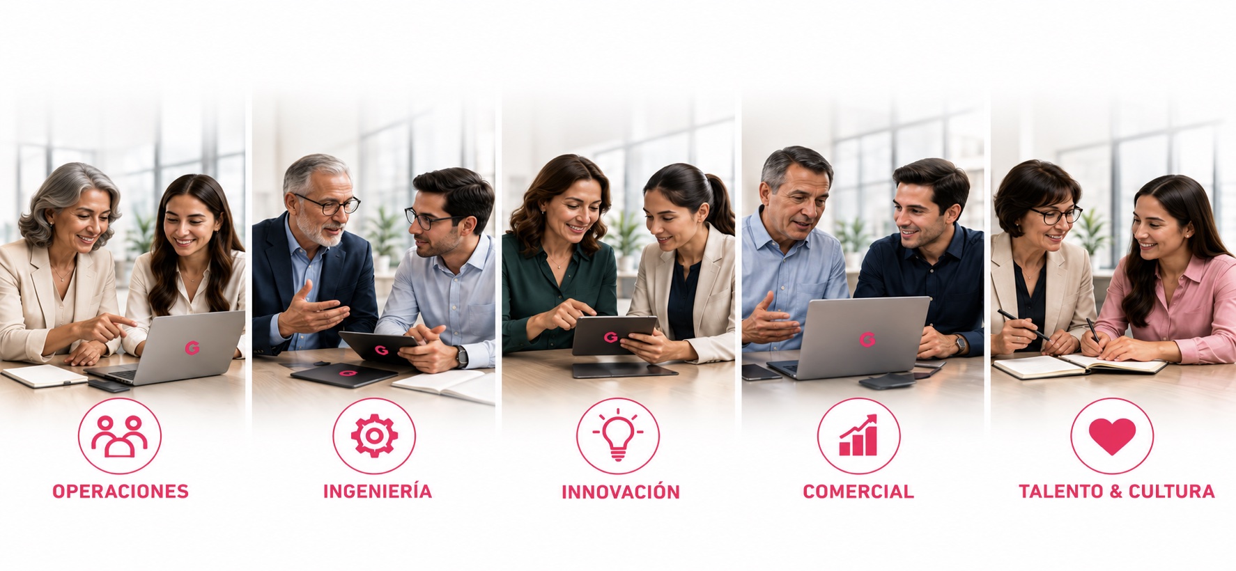 Cinco parejas de experto y sucesor trabajando juntos, representando las áreas operaciones, ingeniería, innovación, comercial y talento & cultura.