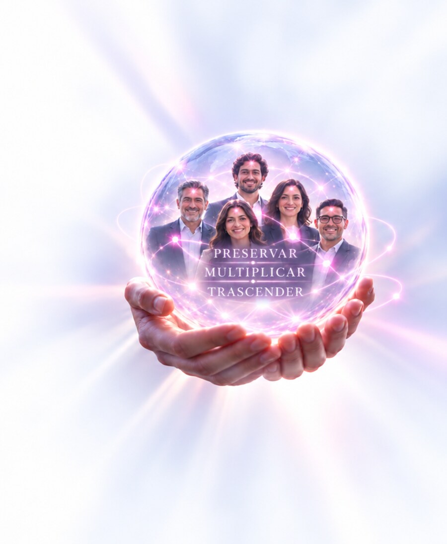 Ilustración: una mano sostiene una esfera luminosa con los rostros del equipo y las palabras Preservar, Multiplicar, Trascender.