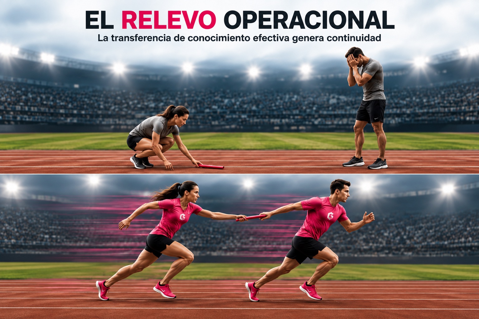 El relevo operacional: sin GURÚ, el sucesor se queda parado esperando el relevo; con GURÚ, experto y sucesor completan el pase de estafeta sin perder ritmo.